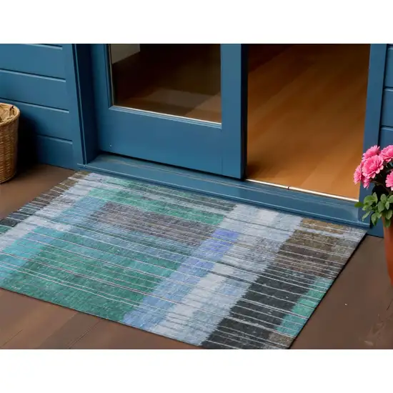 Teal Blue Brown And Ivory Striped Washable Indoor Outdoor Area Rug Photo 2