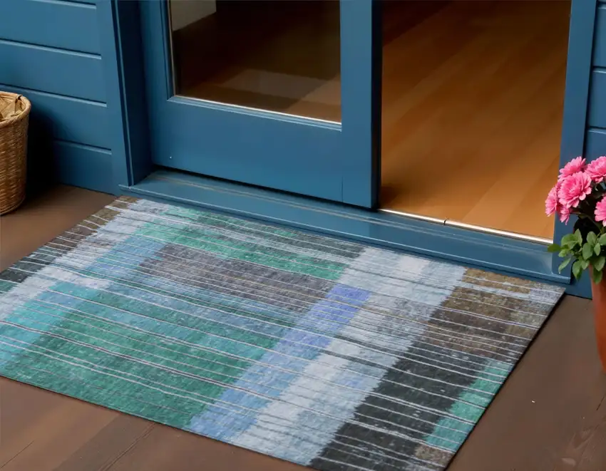 Teal Blue Brown And Ivory Striped Washable Indoor Outdoor Area Rug Photo 2
