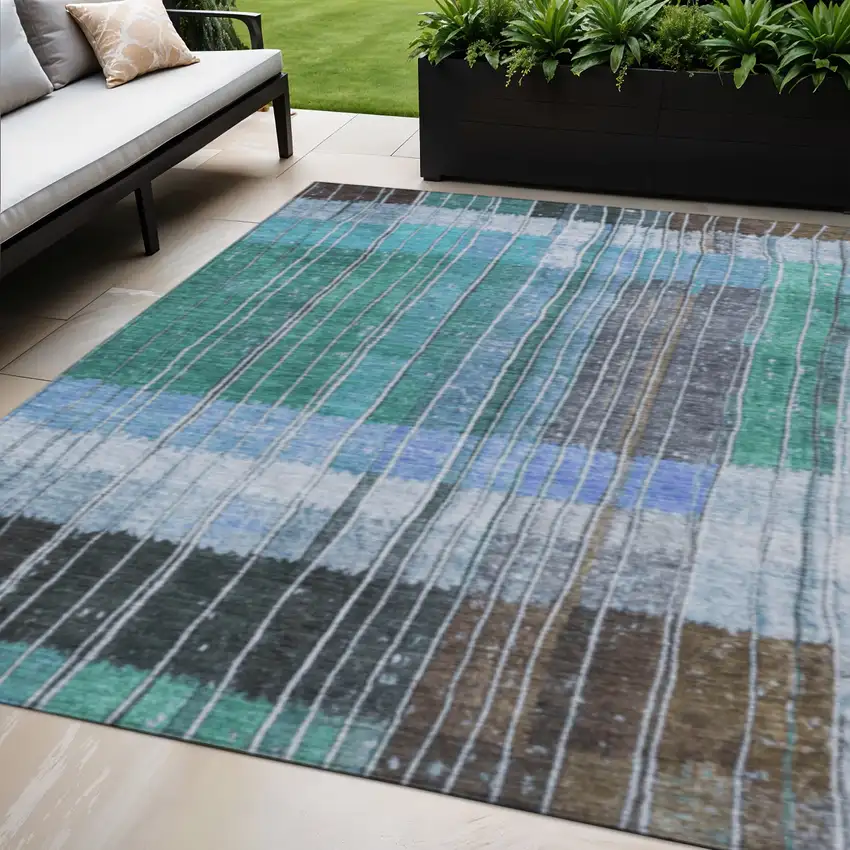 Teal Blue Brown And Ivory Striped Washable Indoor Outdoor Area Rug Photo 2