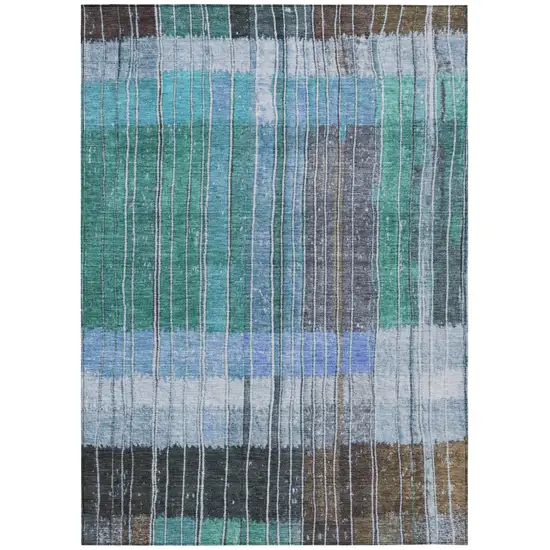 Teal Blue Brown And Ivory Striped Washable Indoor Outdoor Area Rug Photo 8
