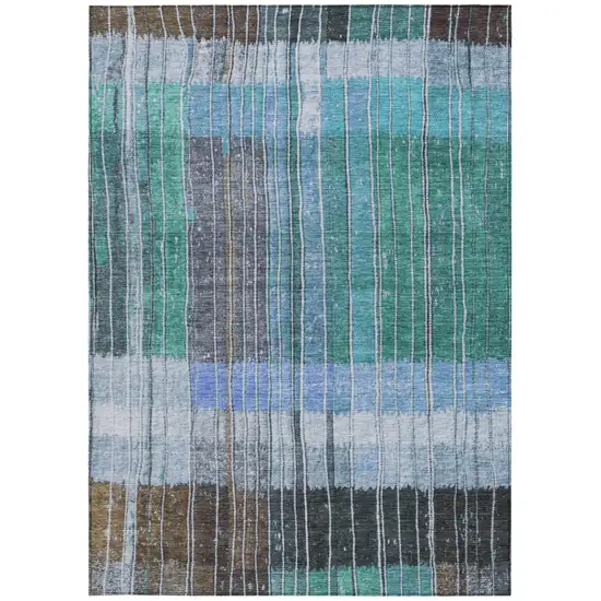 Teal Blue Brown And Ivory Striped Washable Indoor Outdoor Area Rug Photo 1