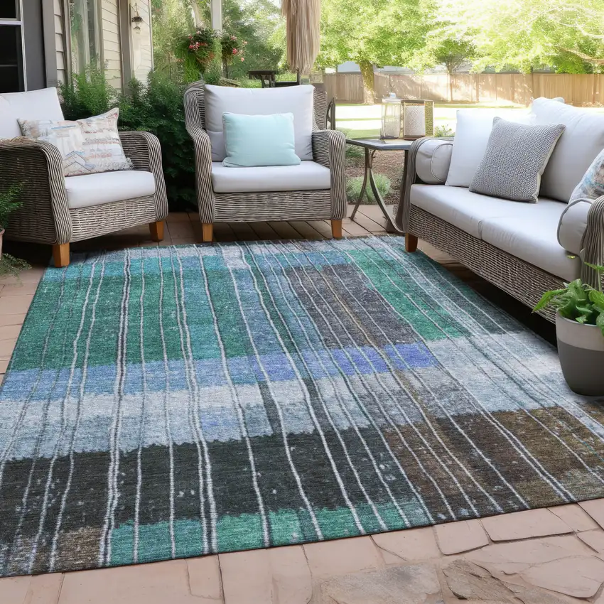 Teal Blue Brown And Ivory Striped Washable Indoor Outdoor Area Rug Photo 3