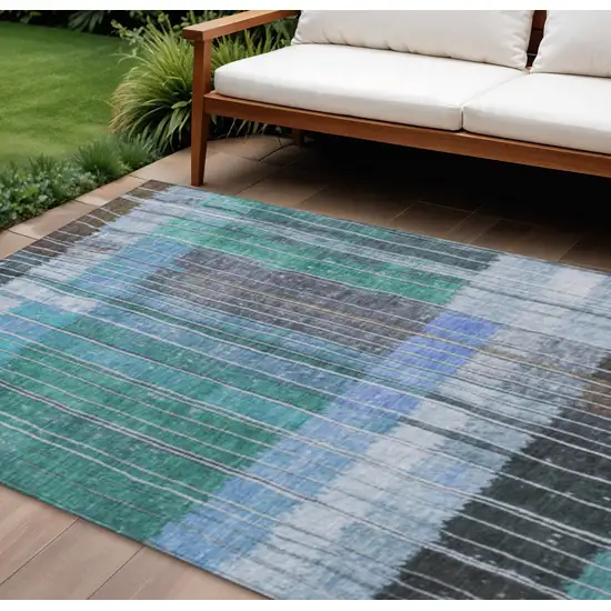 Teal Blue Brown And Ivory Striped Washable Indoor Outdoor Area Rug Photo 2