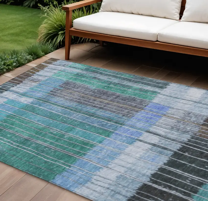 Teal Blue Brown And Ivory Striped Washable Indoor Outdoor Area Rug Photo 2