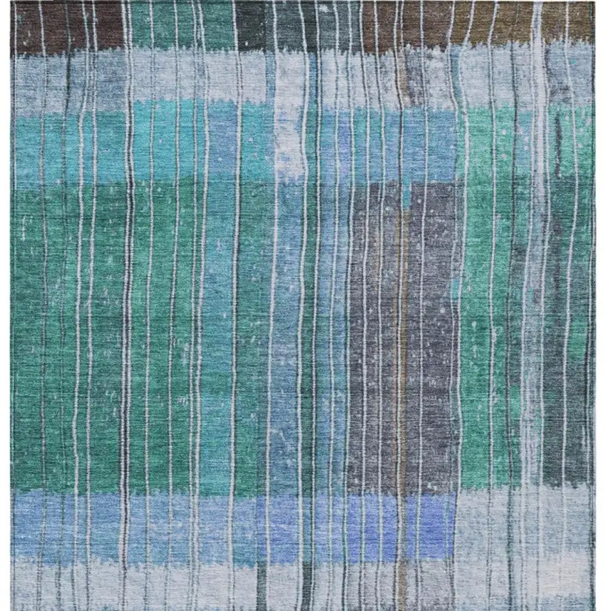 Teal Blue Brown And Ivory Striped Washable Indoor Outdoor Area Rug Photo 1