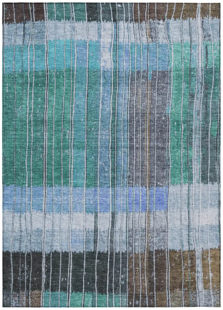 Teal Blue Brown And Ivory Striped Washable Indoor Outdoor Area Rug Photo 7