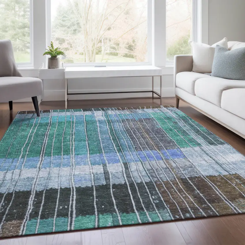 Teal Blue Brown And Ivory Striped Washable Indoor Outdoor Area Rug Photo 5