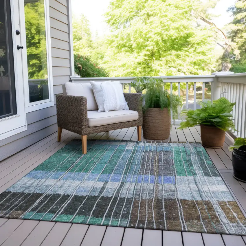 Teal Blue Brown And Ivory Striped Washable Indoor Outdoor Area Rug Photo 6