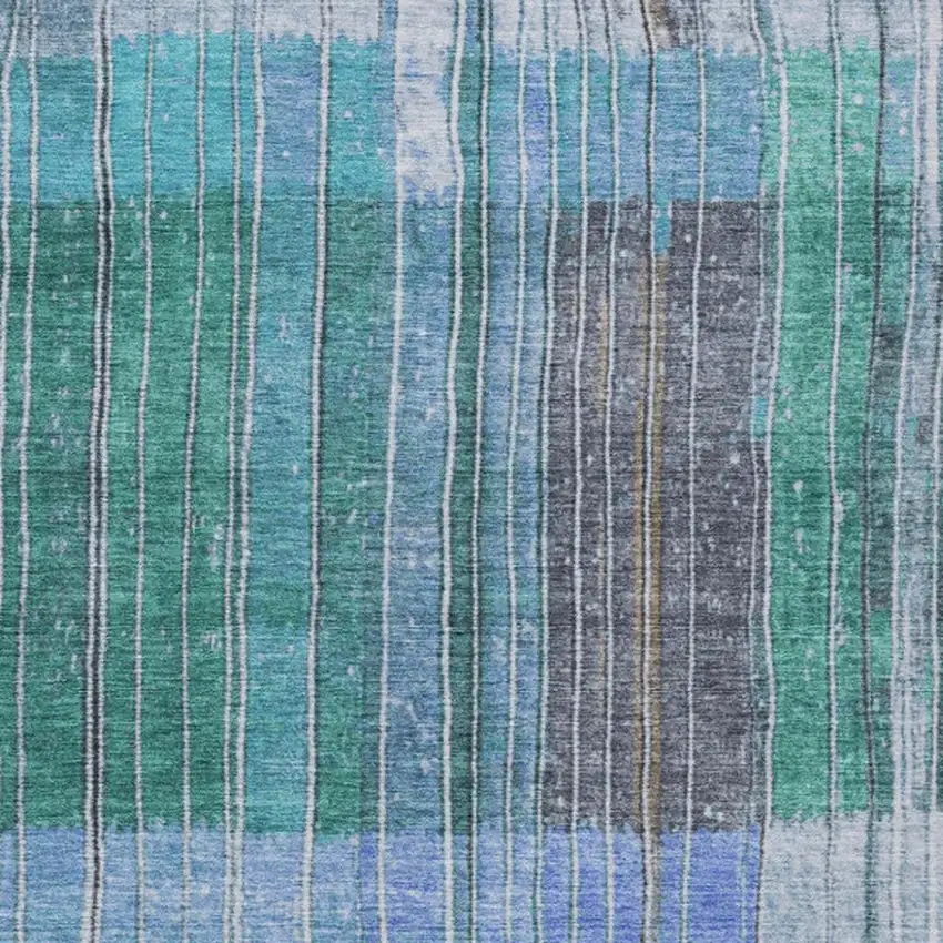 Teal Blue Brown And Ivory Striped Washable Indoor Outdoor Area Rug Photo 9