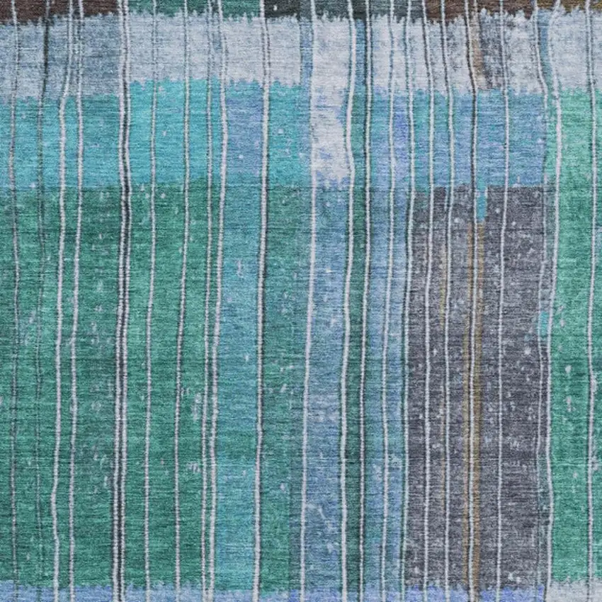 Teal Blue Brown And Ivory Striped Washable Indoor Outdoor Area Rug Photo 9