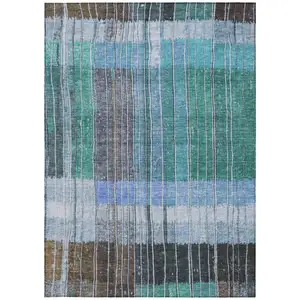 Photo of Teal Blue Brown And Ivory Striped Washable Indoor Outdoor Area Rug