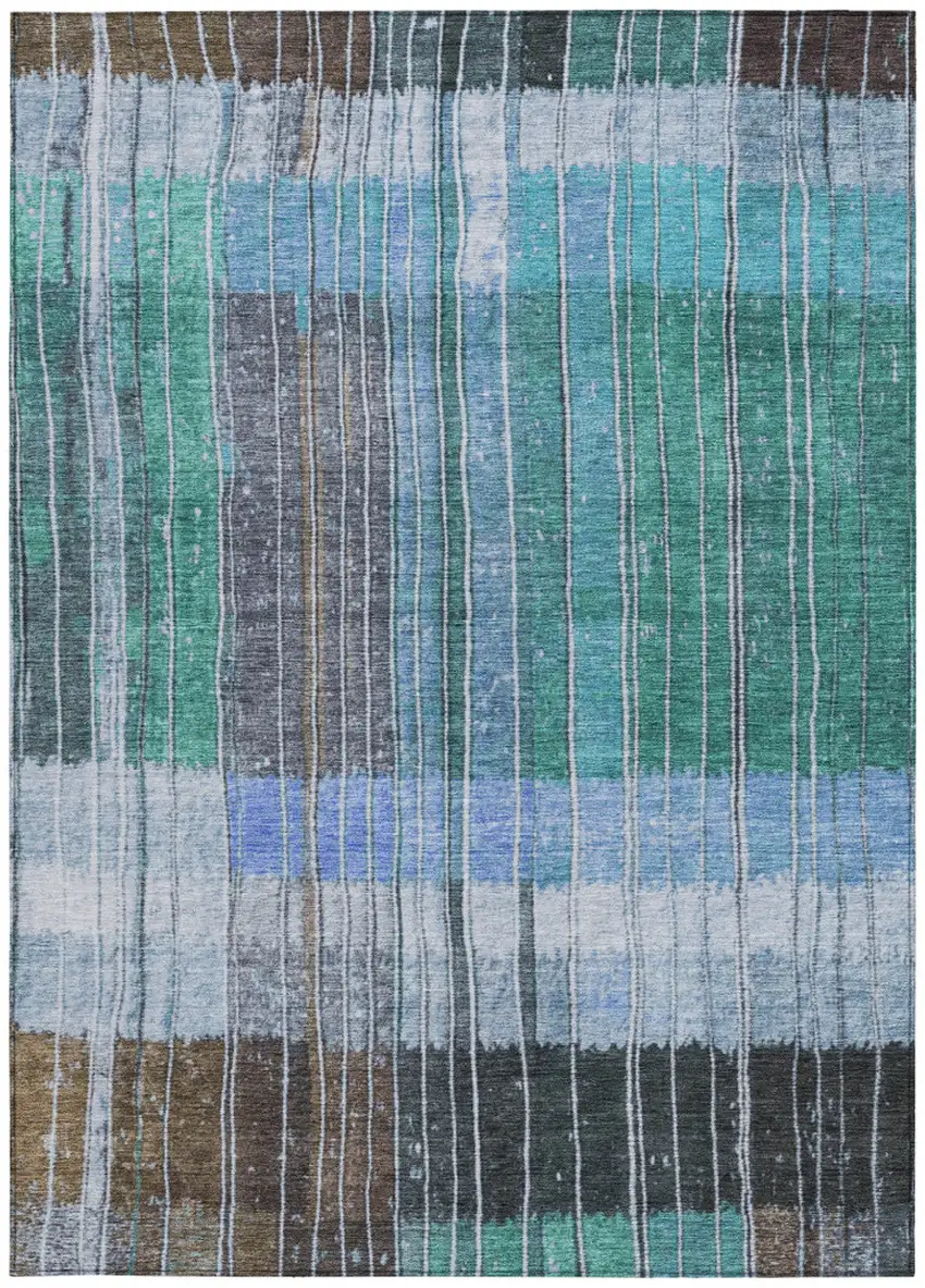 Teal Blue Brown And Ivory Striped Washable Indoor Outdoor Area Rug Photo 1