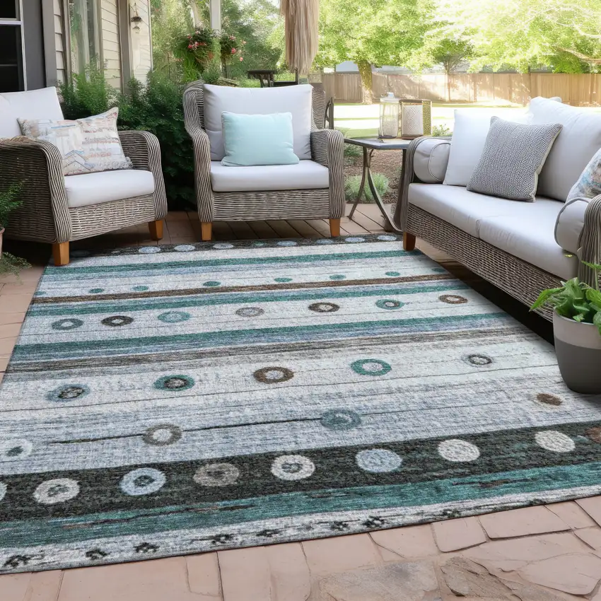 Teal Blue Brown And Ivory Striped Washable Indoor Outdoor Area Rug Photo 5
