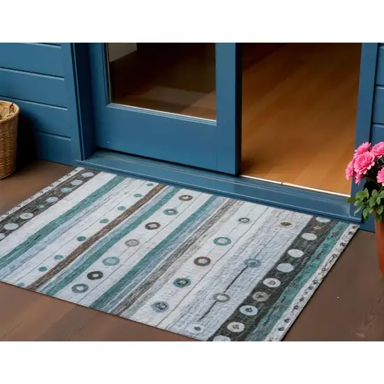 Teal Blue Brown And Ivory Striped Washable Indoor Outdoor Area Rug Photo 2