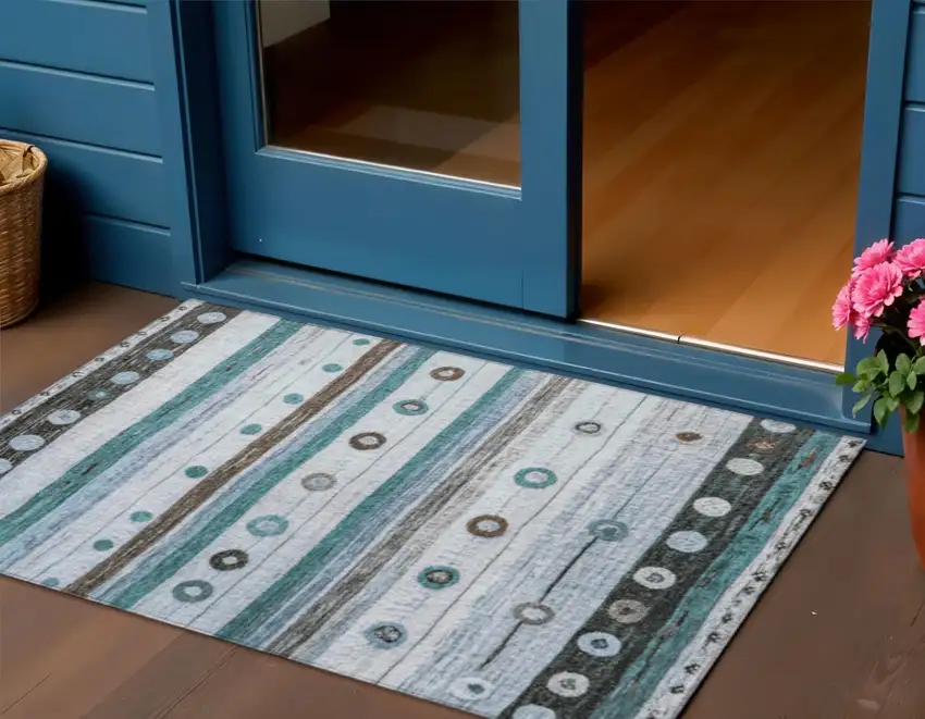 Teal Blue Brown And Ivory Striped Washable Indoor Outdoor Area Rug Photo 2