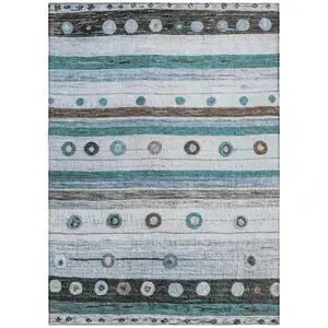 Photo of Teal Blue Brown And Ivory Striped Washable Indoor Outdoor Area Rug