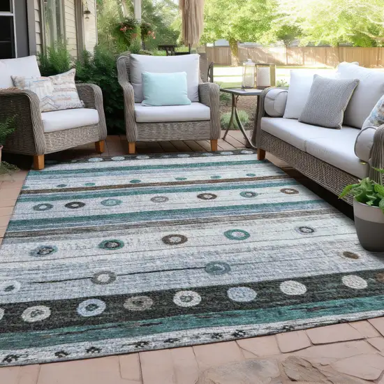 Teal Blue Brown And Ivory Striped Washable Indoor Outdoor Area Rug Photo 5