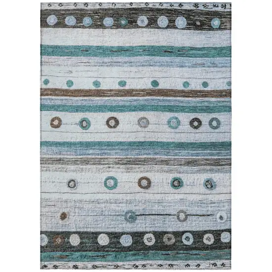 Teal Blue Brown And Ivory Striped Washable Indoor Outdoor Area Rug Photo 4