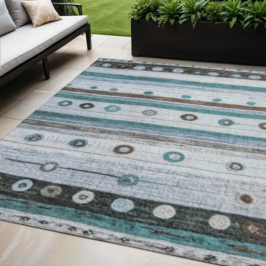 Teal Blue Brown And Ivory Striped Washable Indoor Outdoor Area Rug Photo 2