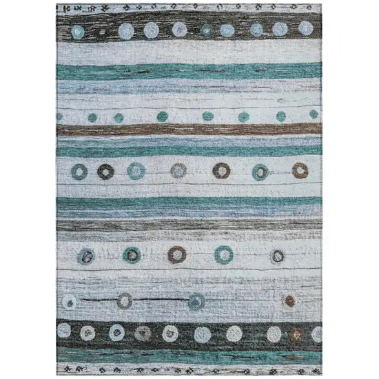 Teal Blue Brown And Ivory Striped Washable Indoor Outdoor Area Rug Photo 1