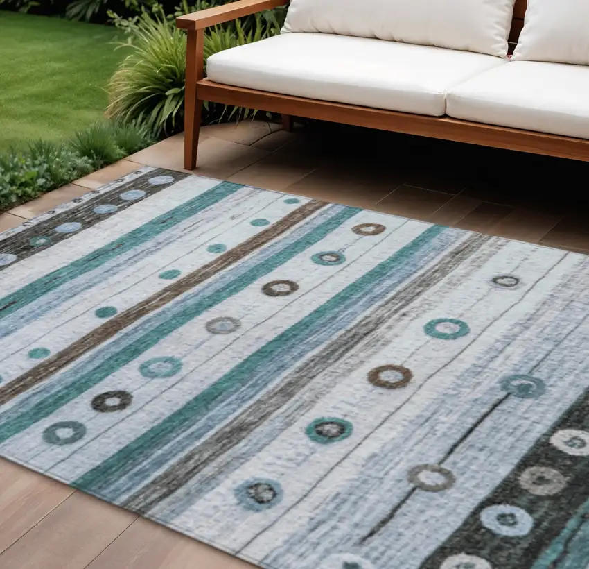 Teal Blue Brown And Ivory Striped Washable Indoor Outdoor Area Rug Photo 2