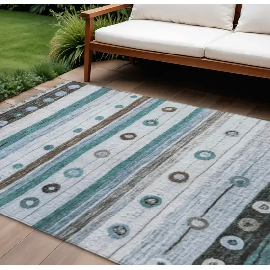 Teal Blue Brown And Ivory Striped Washable Indoor Outdoor Area Rug Photo 2