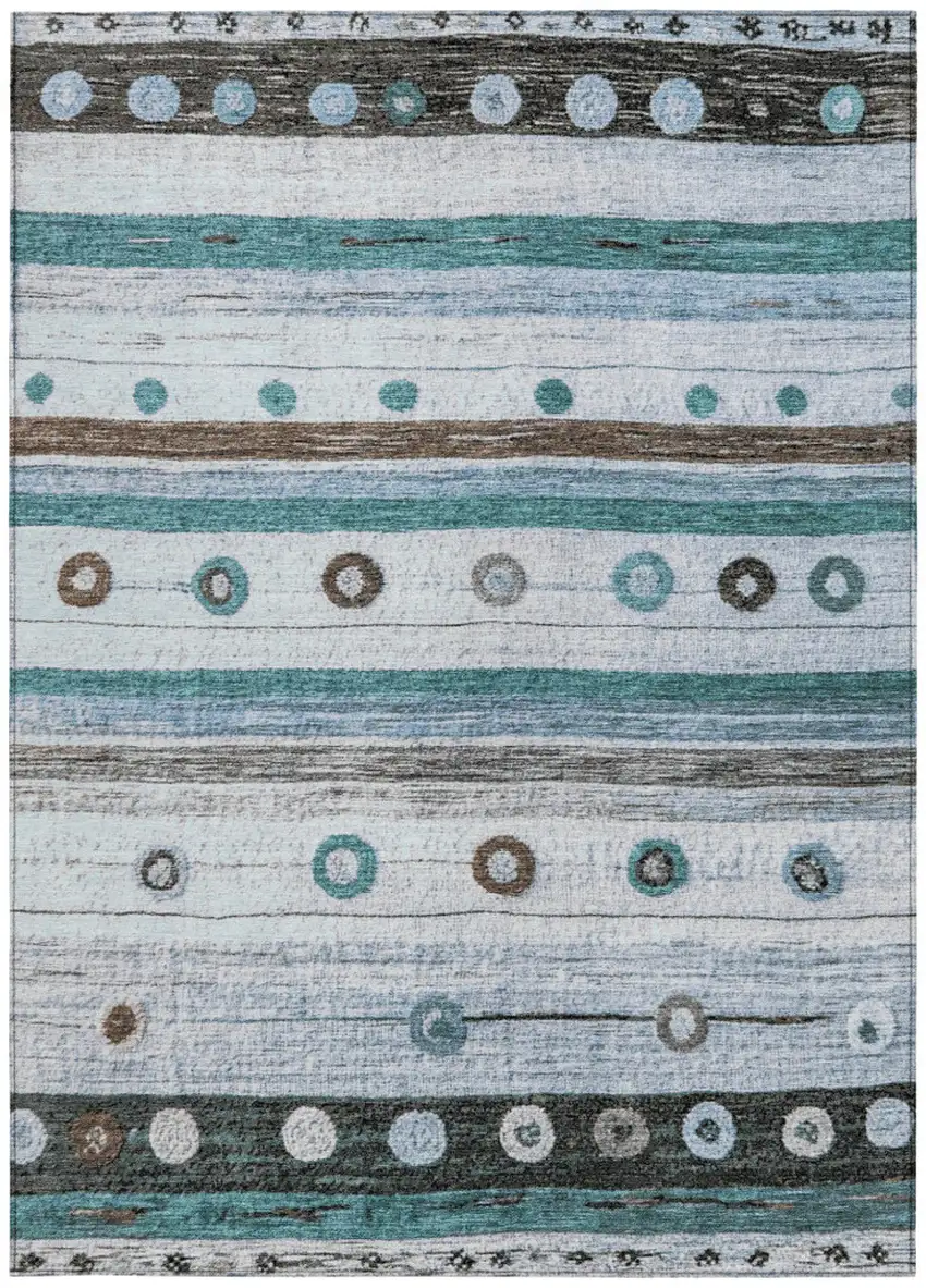 Teal Blue Brown And Ivory Striped Washable Indoor Outdoor Area Rug Photo 3