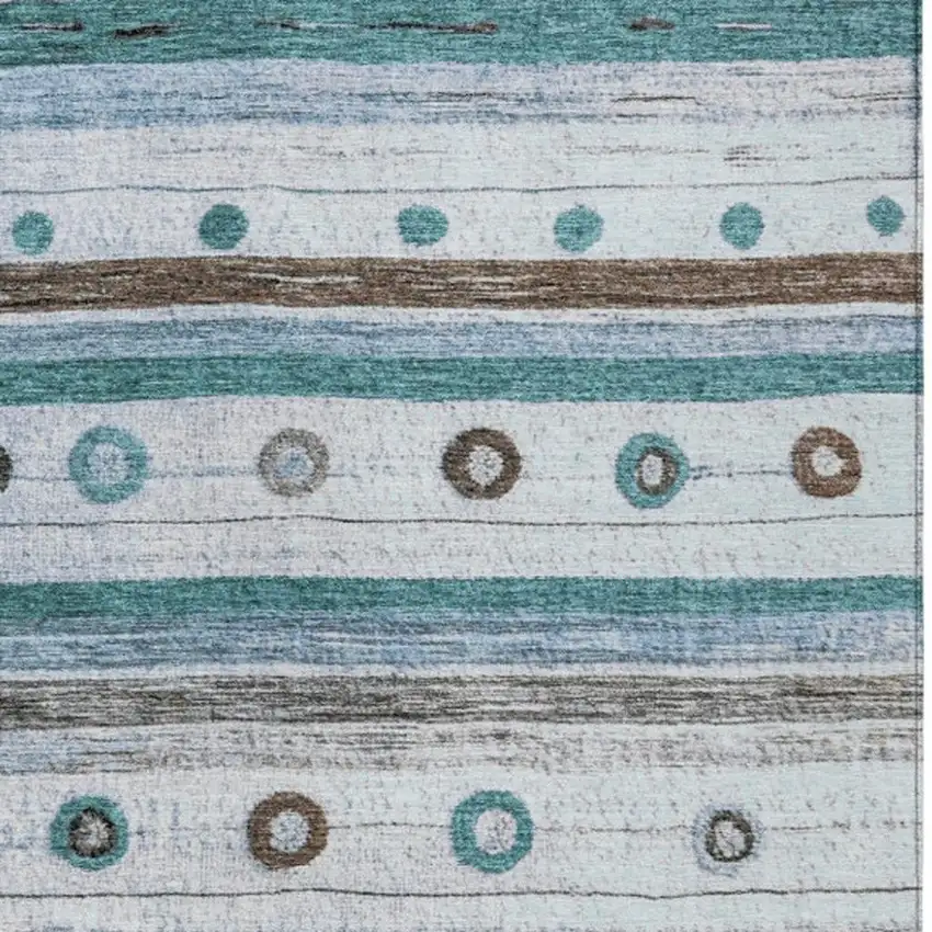 Teal Blue Brown And Ivory Striped Washable Indoor Outdoor Area Rug Photo 9