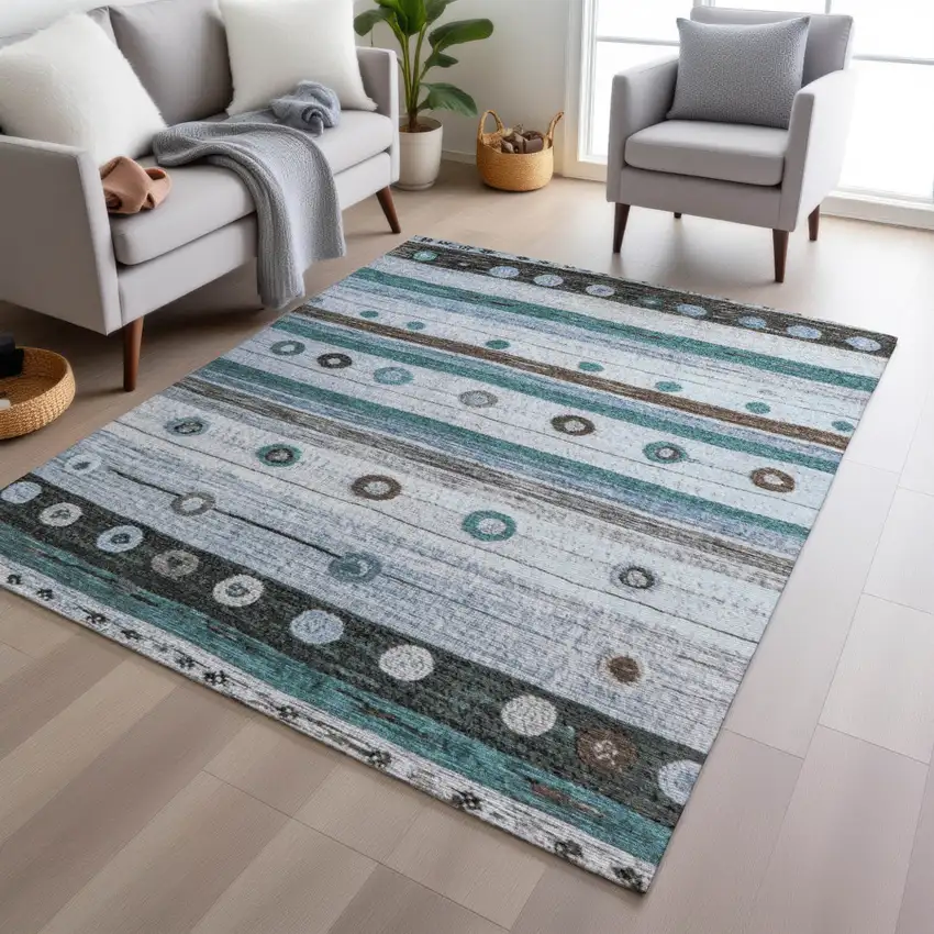Teal Blue Brown And Ivory Striped Washable Indoor Outdoor Area Rug Photo 6