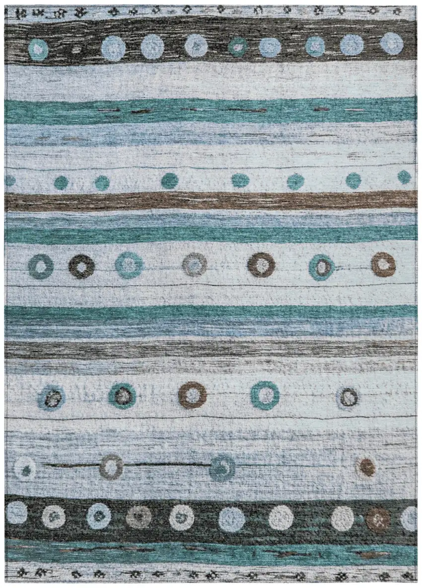 Teal Blue Brown And Ivory Striped Washable Indoor Outdoor Area Rug Photo 1