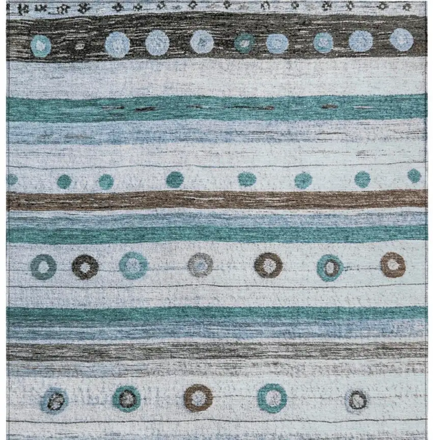 Teal Blue Brown And Ivory Striped Washable Indoor Outdoor Area Rug Photo 4