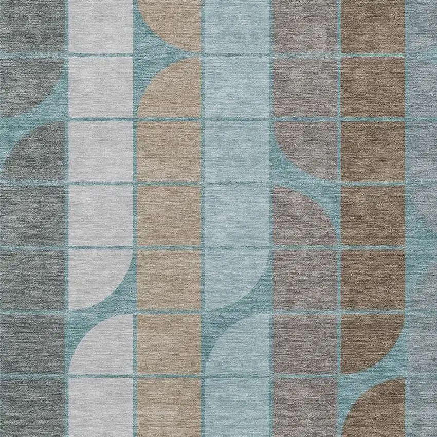 Teal Blue Brown And Silver Geometric Washable Indoor Outdoor Area Rug Photo 2