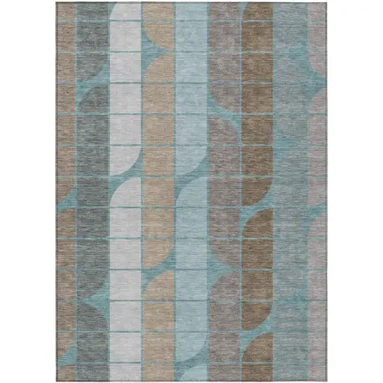 Teal Blue Brown And Silver Geometric Washable Indoor Outdoor Area Rug Photo 1