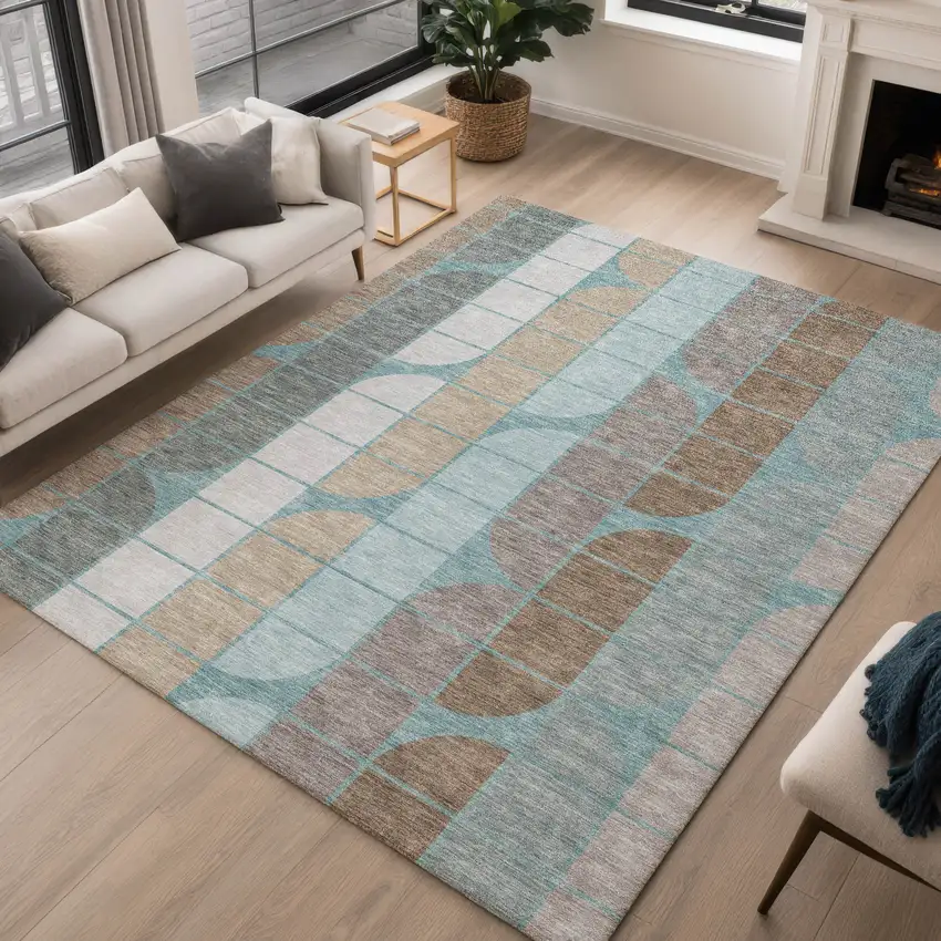 Teal Blue Brown And Silver Geometric Washable Indoor Outdoor Area Rug Photo 5