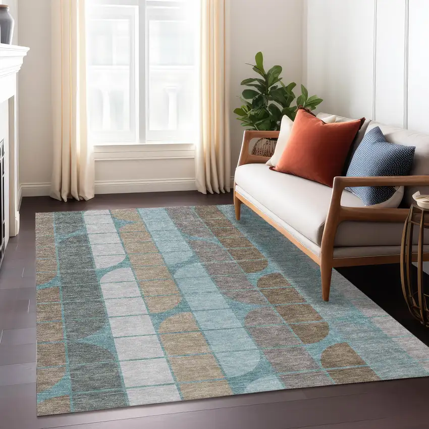 Teal Blue Brown And Silver Geometric Washable Indoor Outdoor Area Rug Photo 6