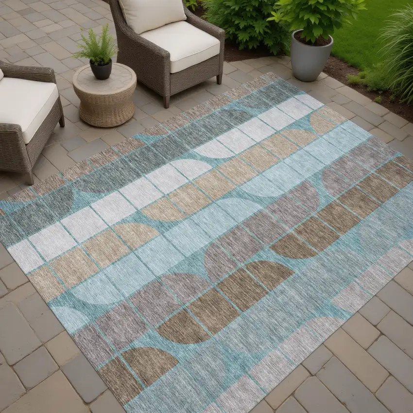 Teal Blue Brown And Silver Geometric Washable Indoor Outdoor Area Rug Photo 7