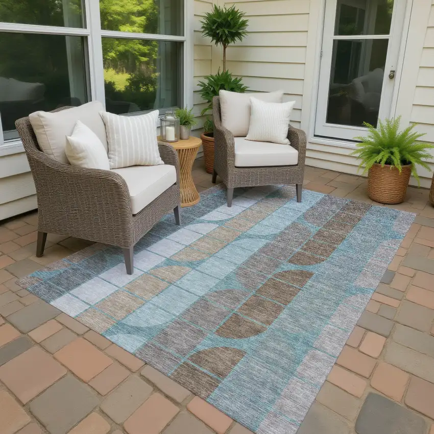 Teal Blue Brown And Silver Geometric Washable Indoor Outdoor Area Rug Photo 4