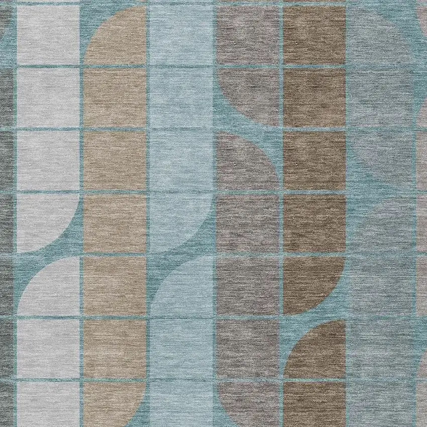 Teal Blue Brown And Silver Geometric Washable Indoor Outdoor Area Rug Photo 2