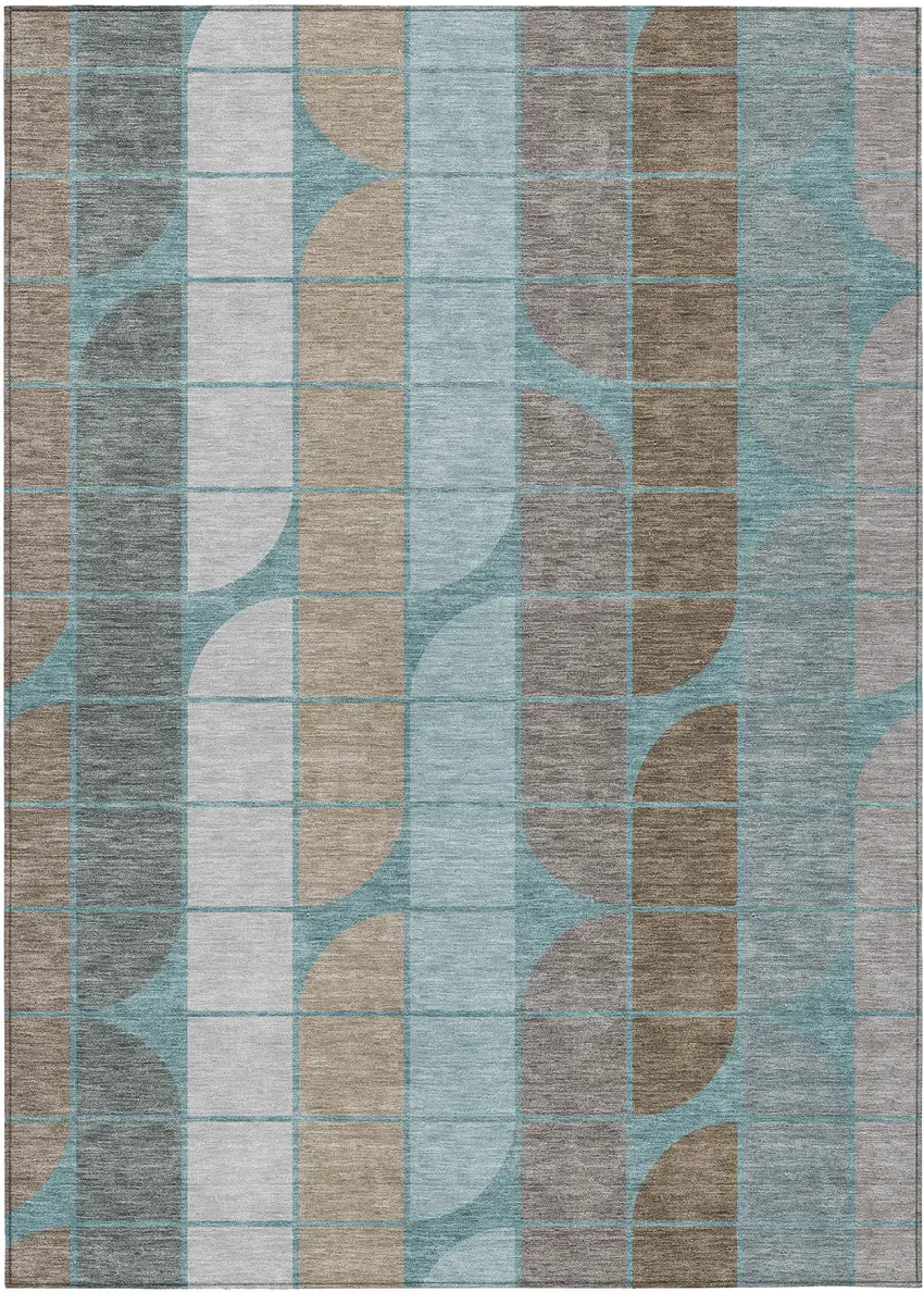 Teal Blue Brown And Silver Geometric Washable Indoor Outdoor Area Rug Photo 1