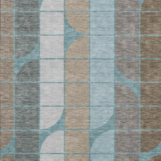Teal Blue Brown And Silver Geometric Washable Indoor Outdoor Area Rug Photo 2