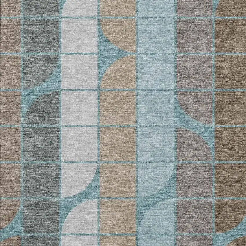Teal Blue Brown And Silver Geometric Washable Indoor Outdoor Area Rug Photo 2