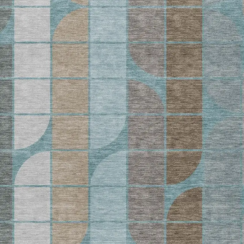 Teal Blue Brown And Silver Geometric Washable Indoor Outdoor Area Rug Photo 2