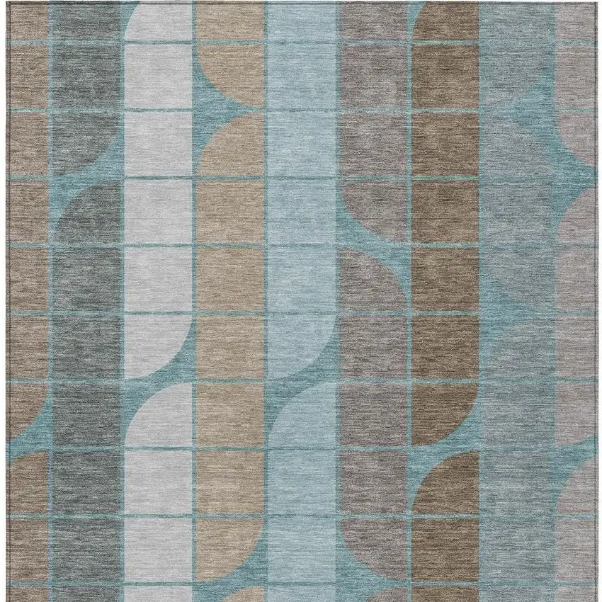 Teal Blue Brown And Silver Geometric Washable Indoor Outdoor Area Rug Photo 3