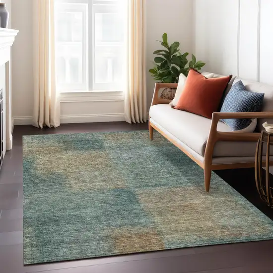 Teal Blue Brown And Taupe Abstract Washable Indoor Outdoor Area Rug Photo 8