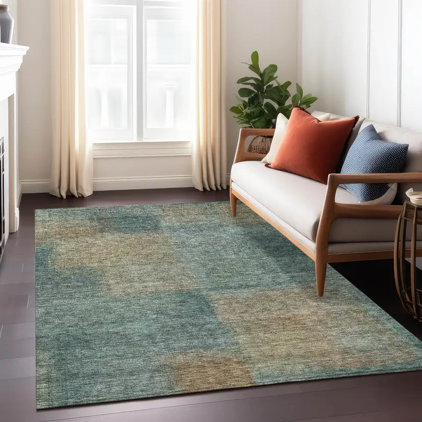 Teal Blue Brown And Taupe Abstract Washable Indoor Outdoor Area Rug Photo 8