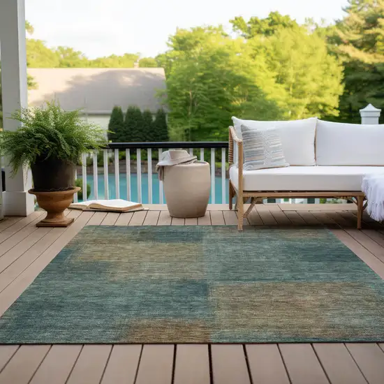 Teal Blue Brown And Taupe Abstract Washable Indoor Outdoor Area Rug Photo 9
