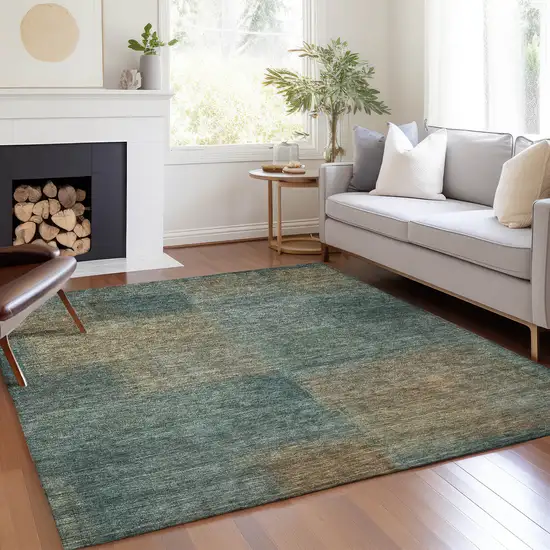 Teal Blue Brown And Taupe Abstract Washable Indoor Outdoor Area Rug Photo 7