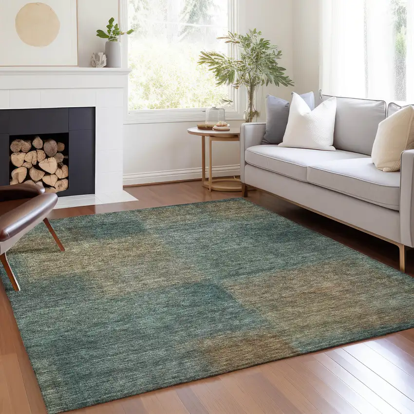 Teal Blue Brown And Taupe Abstract Washable Indoor Outdoor Area Rug Photo 7