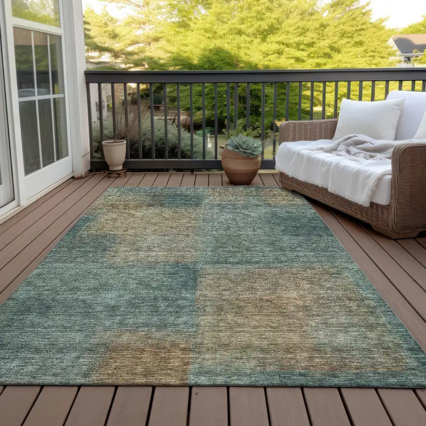 Teal Blue Brown And Taupe Abstract Washable Indoor Outdoor Area Rug Photo 7