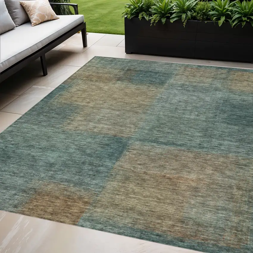 Teal Blue Brown And Taupe Abstract Washable Indoor Outdoor Area Rug Photo 1